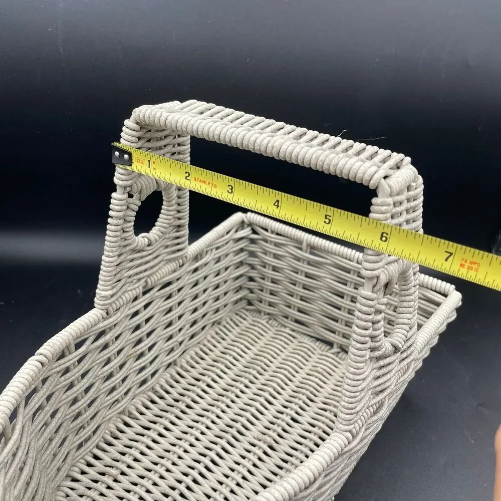 Vintage White Woven Faux Rattan Basket Metal Frame Heavy Weight Storage Caddy